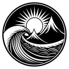 Wave mountain sun vector black logo