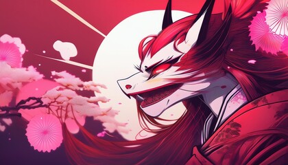 Naklejka premium Traditional red and white Japanese patterns, modern manga characters, pink-purple light accents and space for text.