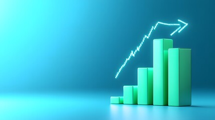Green bar chart indicating upward growth with an arrow. Concept of business success, financial growth, and data analytics on blue background.