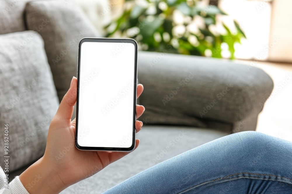Poster in this close-up of the display mockup, an image of a young woman holding a smart phone in hand and 