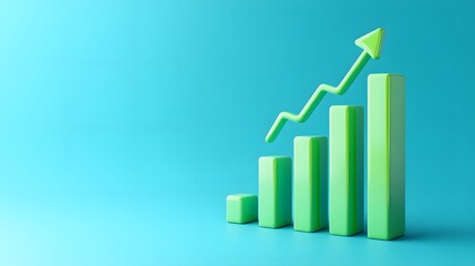 Green bar chart showing upward growth graph with arrow on blue background, representing business success and financial progress.