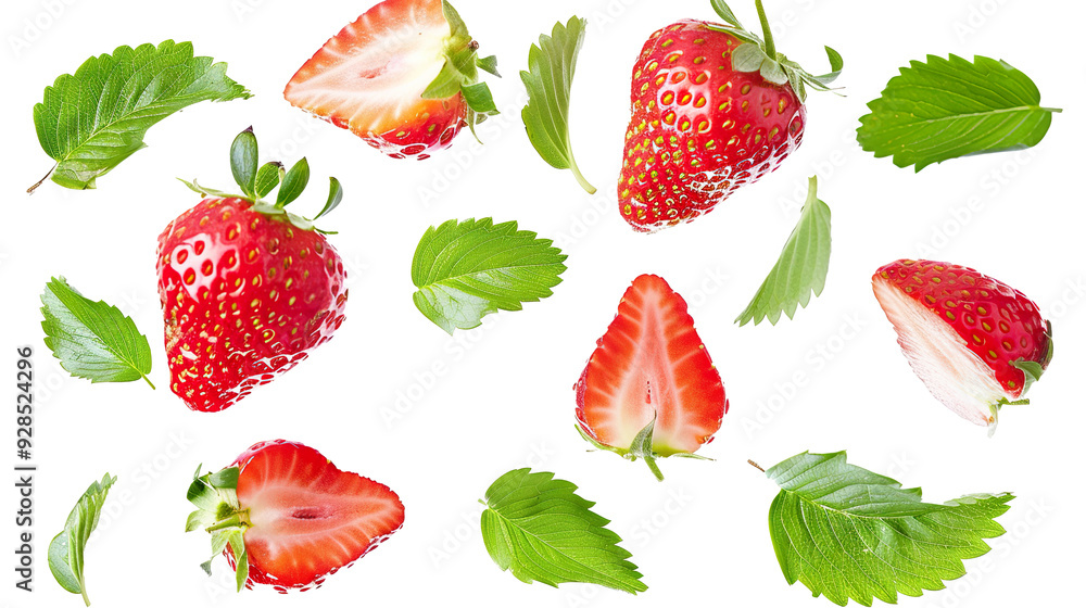 Wall mural Strawberry and leaves flying isolated on transparent background, PNG