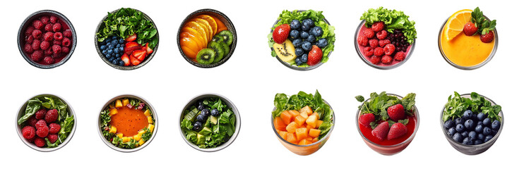 Colorful bowls of fresh fruits and salads arranged in a row