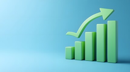 Green bar chart with an upward arrow on a blue background indicating growth, success, and positive business trends.
