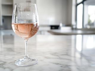Glass of rose wine on a marble tabletop.
