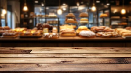 Wooden board empty table background. abstract blurred bakery shop background. Generative ai