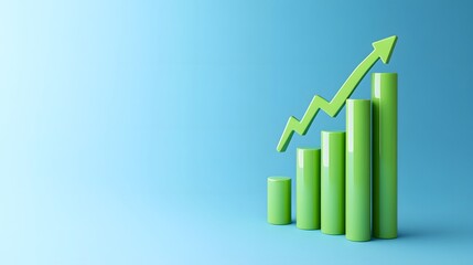 Green bar chart with an upward arrow on a blue background, symbolizing business growth, success, and positive financial trends.