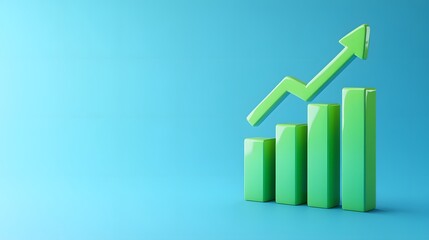 Green bar chart with rising arrow representing business growth and success on a blue background.