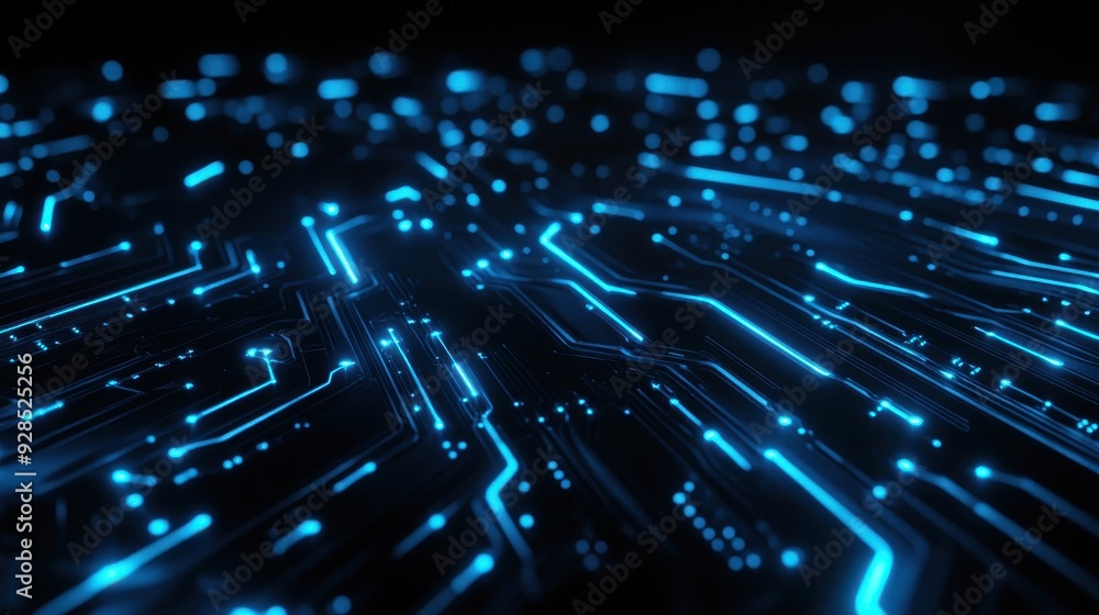 Aufkleber a digital circuit board with glowing blue lines representing technology and data flow.