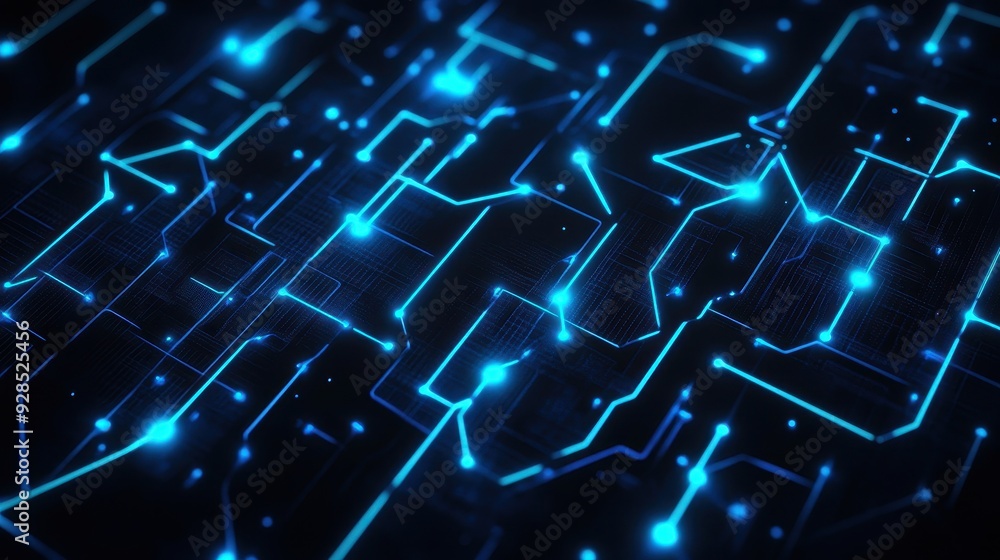 Poster a digital circuit pattern with glowing blue lines on a dark background.
