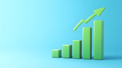 Green bar chart with upward arrow on blue background, symbolizing business growth, success, and positive trends.