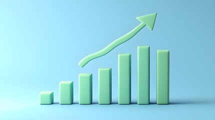 Green bar chart with upward arrow on blue background representing growth, success, and progress in business or finance.