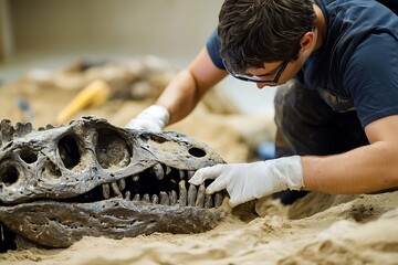 archaeologists cleaning dust of dinosur