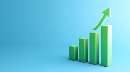 Green bar chart with upward arrow on blue background representing growth, progress, and success in business and finance.