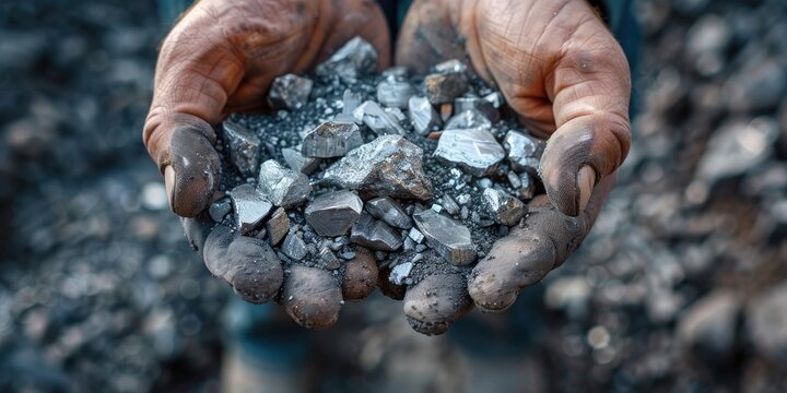Men s hands holding silver platinum or rare earth mineral ore from the mine