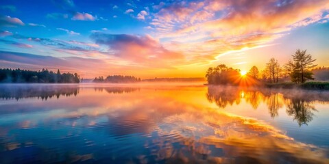 Vibrant sunrise illuminating mist over tranquil lake at dawn