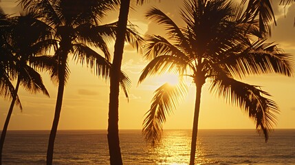 Silhouette of palm trees against a golden sunset over the ocean.