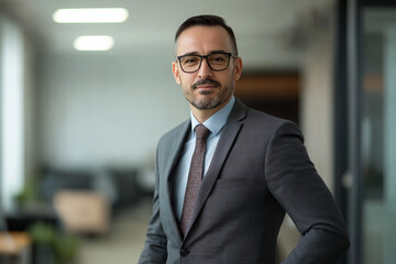 Obraz premium Confident middle-aged businessman wearing glasses and a suit, standing in a modern office environment, exuding professionalism and leadership