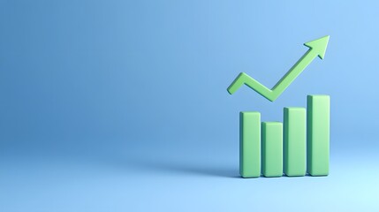 Green bar chart with upward arrow on blue background symbolizing growth, success, and increasing statistics in business and finance.