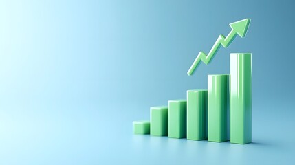 Green bar chart with upward arrow on blue gradient background, representing financial growth, success, and positive business trends.