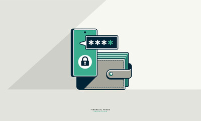 Financial fraud protection e-wallet concept poster, secured payments using electronic wallet online metaphor, two-step verification from sms code, vector icon style illustration.