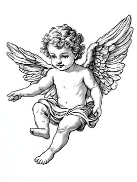 recommend clip art: on a solid white background a black vector outline illustration of a cherub angel in renaissance style