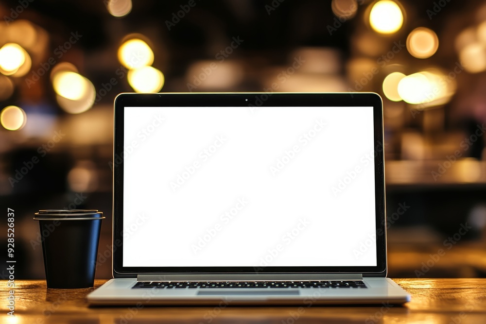 Poster an empty laptop screen on a coffee table with a coffee cafe background, a mockup, a text template, a
