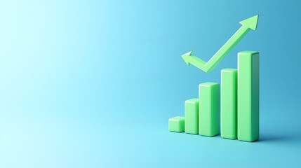 Green bar graph and upward arrow on a blue background, representing growth, success, and increasing financial or business metrics.