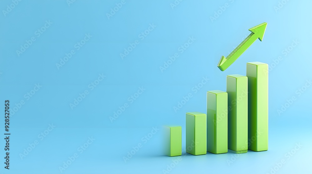 Poster green bar graph on a blue background showing growth and an upward trajectory with an arrow, represen