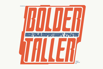 Tall and condensed italic sans serif display font for logos headers or slogans, vector thick geometric typeface, uppercase letters alphabet with numbers, poster and advertising.