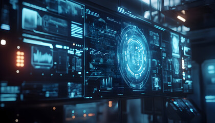 Suspended digital interface with holographic projections, ultra-realistic, high resolution,