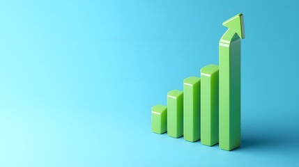 Green bar graph on a blue background showing growth and upward trend, symbolizing success in business and finance.