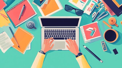 A desktop publisher working intently on a modern laptop, surrounded by colorful print materials and design tools