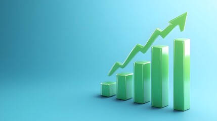 Green bar graph representing business growth on a blue background. Concept of financial success, positive trend, and increasing profits.