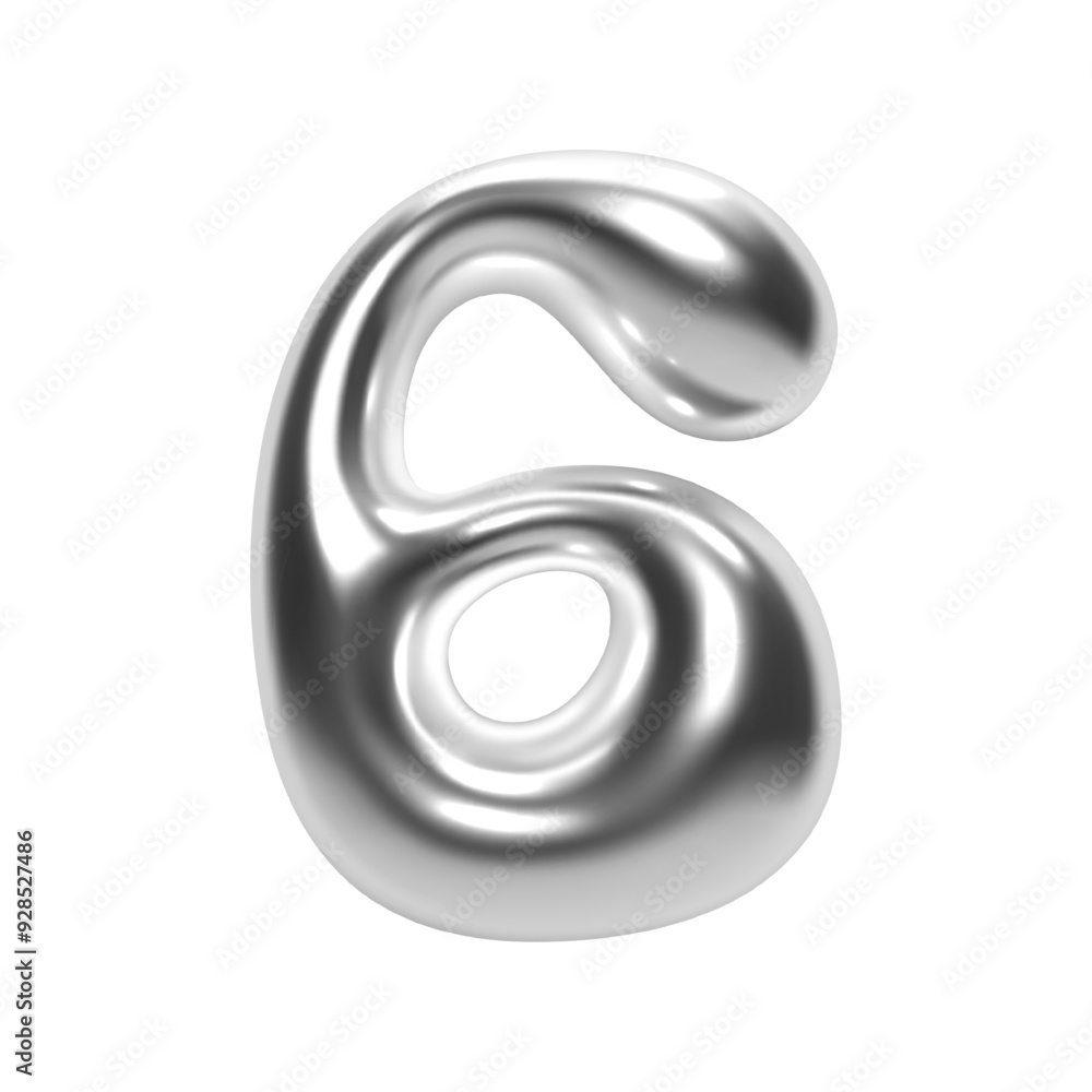 Poster 3d chrome number 6 in bubble y2k futuristic style. shiny silver glossy surface with inflated liquid 