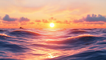 Obraz premium calming seascape with gentle waves rolling toward the shore at sunset. The sky is filled with warm hues of orange, pink, and purple, reflecting on the surface of the water