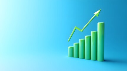 Green bar graph showing upward growth with an arrow on a blue background, representing financial success and business progress.