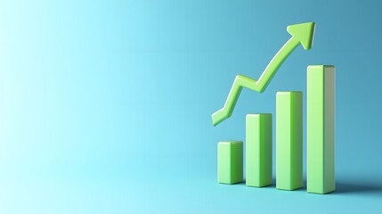 Green bar graph showing upward trend on light blue background, representing growth, progress, success, or financial gain.