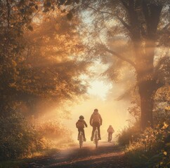 Dawn Adventure: A Family Cycling Through a Misty Forest at Sunrise, Embracing the Warmth of Nature's Light and the Spirit of Outdoor Exploration.