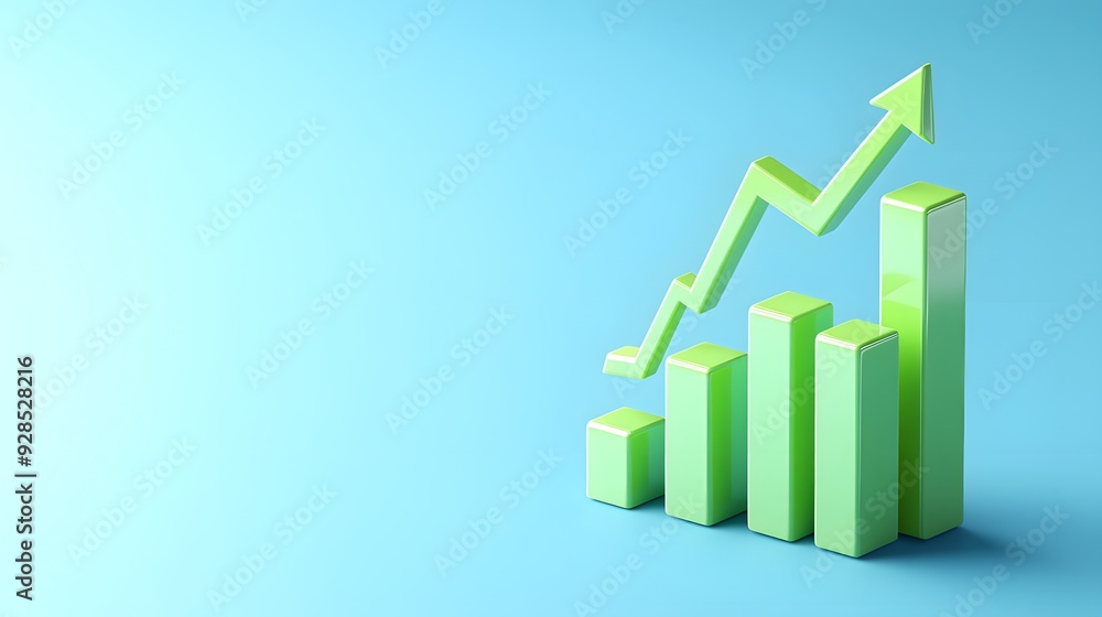 Poster green bar graph with an upward arrow on a blue background representing growth and progress in busine