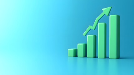 Green bar graph with an upward arrow on a blue background representing business growth, success, and financial increase.