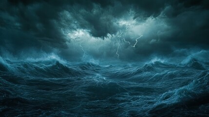 Fototapeta premium A dramatic seascape depicting turbulent waves and stormy skies with lightning.