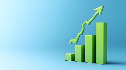 Green bar graph with an upward arrow on a blue background symbolizing financial growth, progress, and positive economy trends.