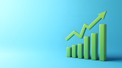 Green bar graph with an upward arrow on a blue background symbolizing growth, success, and positive trend in business or finance.