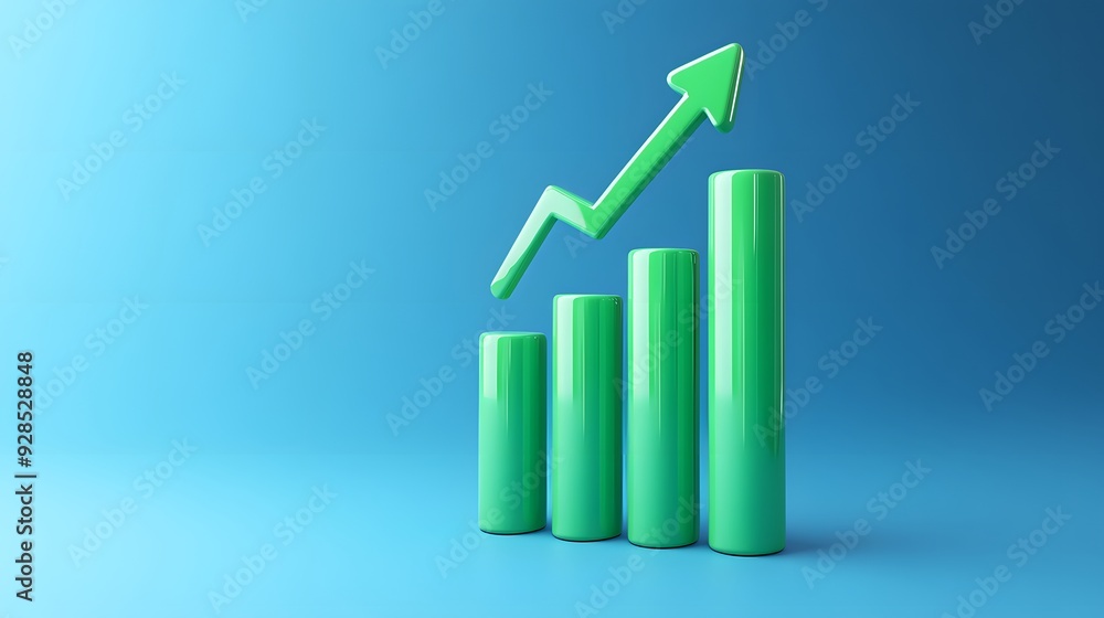 Poster green bar graph with an upward arrow symbolizing growth and progress on a blue background.