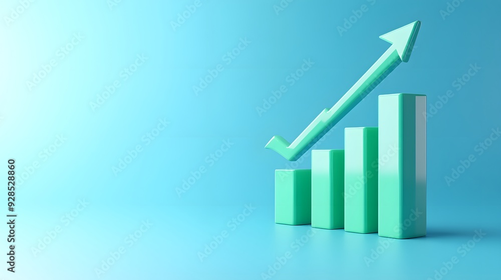 Poster green bar graph with an upward arrow symbolizing growth and success on a blue background, 3d renderi