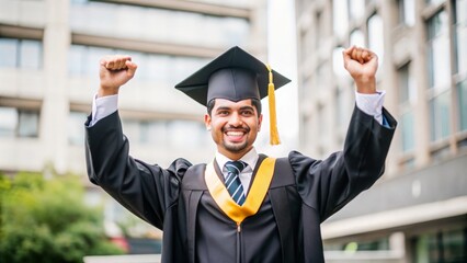 An Indian student wearing a graduation cap and gown, celebrating academic achievement.
