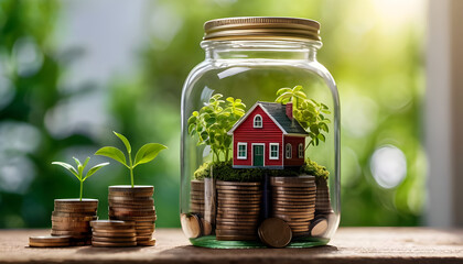 Saving concept plant growing In jar of Coins real estate investment Financial business economic growth  concept