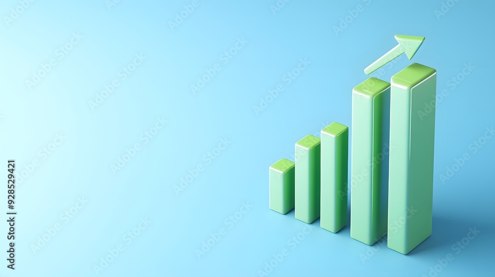 Poster green bar graph with ascending bars and upward arrow on blue background. symbolizing business growth