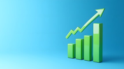 Green bar graph with ascending arrow symbolizes business growth, progress, and financial success on a vibrant blue background.